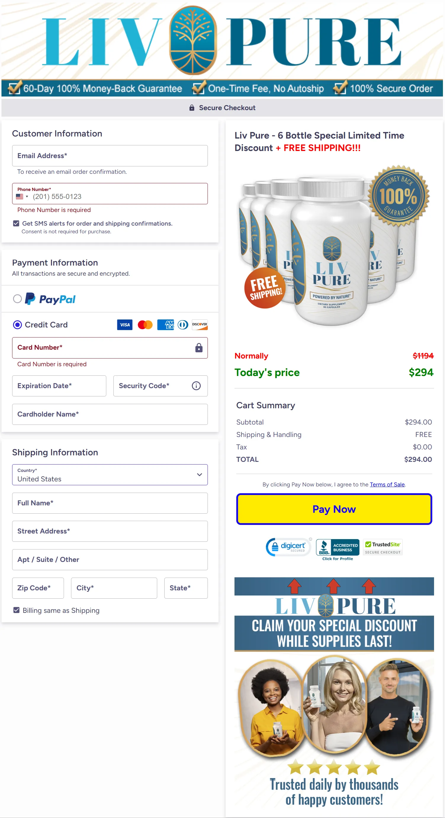 Liv Pure checkout page